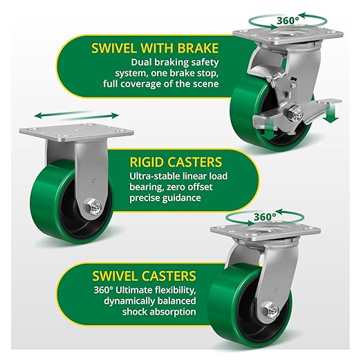 4" Caster Wheels, Heavy Duty Polyurethane Wheel on Steel Hub, Heavy Duty Casters Wheels with Strong Load-Bearing, Supports 800 lbs Each(1 Pack Brake)