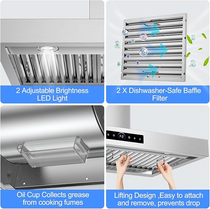 30 inch Wall Mount Range Hood, 1200 CFM with 4-Speed Gesture Sensing & Touch Control, Stainless Steel Ducted Kitchen Stove Vent Hoods with 2 LED Lights, Time Setting, Dishwasher-Safe Baffle Filters