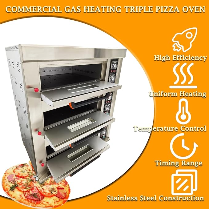 Gas Heating Pizza Oven Commercial Electric Pizza Oven Three Layers Movable Large Triple Oven Stainless Steel Baking Oven 0℃-400℃ Multipurpose Pizza Oven with 6 Baking Dishes 110V 300W