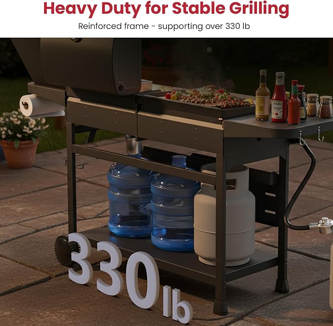 Propane Gas Griddle Grill Combo with Side Burner, Non-Stick Porcelain-Enameled Cast Iron Grate & Pan, 5 Burners Dual BBQ Grills, 702 SQ.IN Cooking Area, Heavy-Duty Stand for Backyard