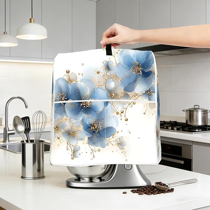 Stand mixer cover with handle and storage bag, reusable and washable, stylish retro floral design, keeps kitchen countertops clean and tidy (fits 6-8 quart mixers).