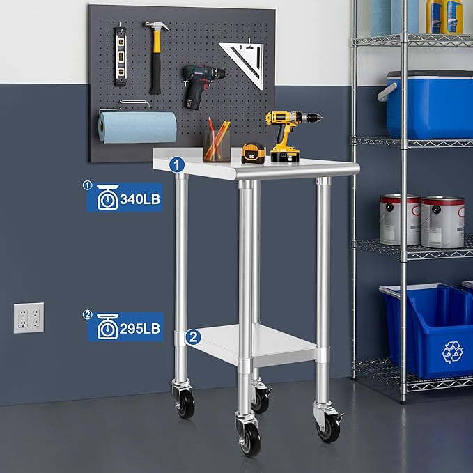 HARDURA Stainless Steel Commercial Work Table with Wheels Prep & Work Metal Table 24×15 Inches Heavy Duty NSF with Casters and 2" Backsplash
