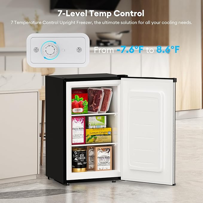 TABU 3.6 Cu Ft Upright Freezer, Freestanding Mini Freezer with 7 Adjustable Thermostat, Compact Freezer with Removable Shelves, Reversible Stainless Steel Door, Silver