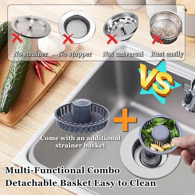 3 in 1 Kitchen Sink Stopper, Pop Up Kitchen Sink Drain Strainer, with an Extra Basket Strainer, Kitchen Sink Drain Stopper for US Standard 3-1/2 Inch, Brass Material Electroplate Silver