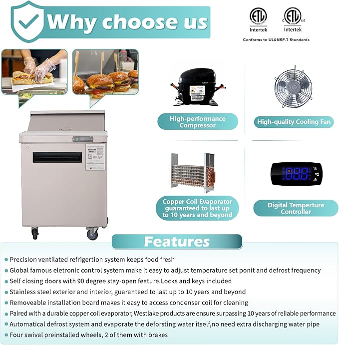 WESTLAKE 27" W Refrigerator Sandwich & Salad Prep Table Commercial Single Door Mega Top Refrigerator Stainless Steel Counter Fan Cooling with 12 pans-27 Large Capacity Inches for Restaurant