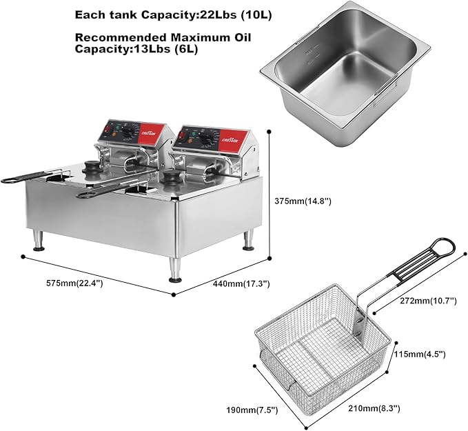 CROSSON ETL Listed Dual Tank 26Lbs Electric Deep Fryer with Solid Basket,Removable Oil Container and Height Adjustable Legs for Restaurant -120V,3600W Commercial Countertop Deep Fryer