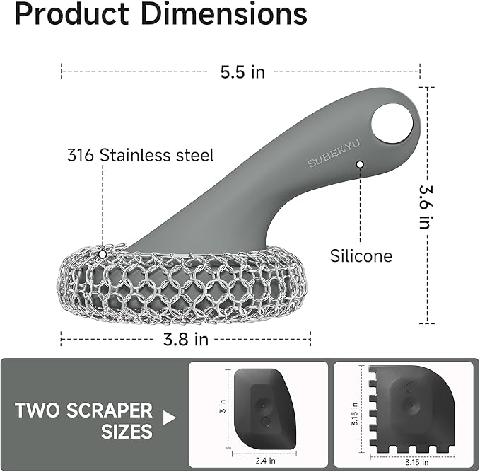 SUBEKYU Cast Iron Scrubber with Silicone Handle, Stainless Steel Skillet Cleaner for Cast Iron Pans (Gray Scrubber + Scraper)