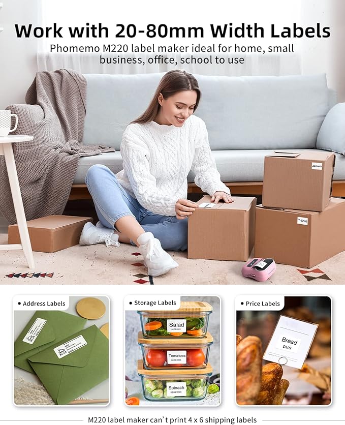 Phomemo M220 Bluetooth Label Maker - Portable Thermal Printer for Small Business Office Home - 700+ Templates 6000+ Icons - Compatible Phone, PC