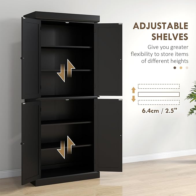 HOMCOM 72.5" Tall Kitchen Pantry Cabinet, Freestanding Modern Farmhouse Kitchen Storage Cabinet with 4 Doors and 2 Adjustable Shelves for Dining Room, Black