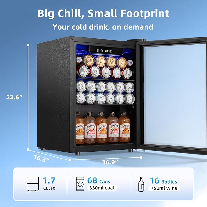 Antarctic Star 1.7 Cu.Ft Beverage Refrigerator 68 Can or 16 Bottle Capacity with Seamless Glass Door, Digital Control & Quiet Compressor, Freestanding Mini Fridge for Bar, Kitchen, Office - Silver