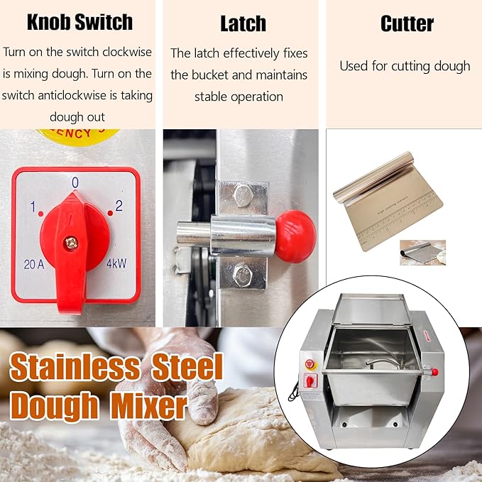 TECHTONGDA Commercial Dough Mixer All Stainless Steel Pizza Dough Mixer 110V Dough Blender Kneading Machine with 25 KG Kneading Capacity and 90 Degree Tilt for Schools Bakeries Restaurants Pizzerias