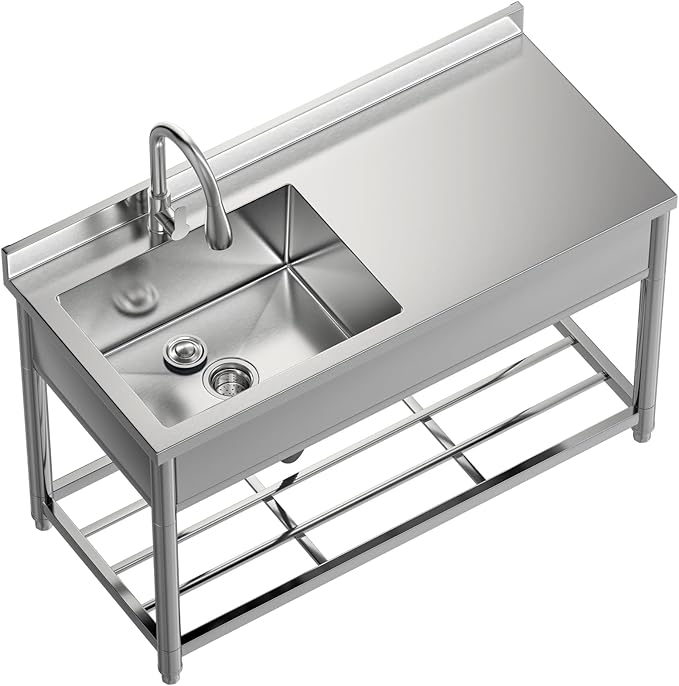 Commercial Sink with Drainboard, Stainless Steel Utility Sink with Pull-out Faucet, Free Standing Single Bowl Kitchen Sink with Workbench for Restaurant, Garage, Outoor, 21.7"D x 47.2"W x 37"H