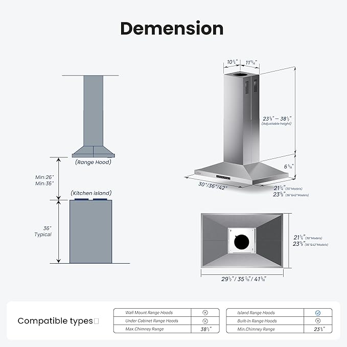 36In Island Range Hood, 390 CFM Stainless Steel Ducted Island Mount Range Hood, kitchen island vent hood with 3-Speed Fan, Touch/Gesture, 3 Stainless Steel Baffle Filters, Ceiling Mount