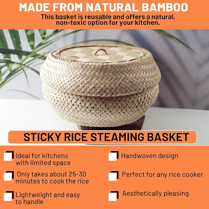 Sticky Rice Pressure Cooker Slow Cook Set Bamboo Basket Steaming Kit Recipe With Water (Size 6.5 in.)