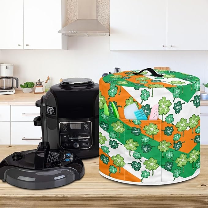 St.Patrick's Day Insulated Pressure Cooker Appliance Cover, Also Fit for Rice Cooker, Air Fryer and Crock Pot, 3 Qt Dust Cover with Pocket for Spoon/Cooking Utensils/Recipes,Green Leaves