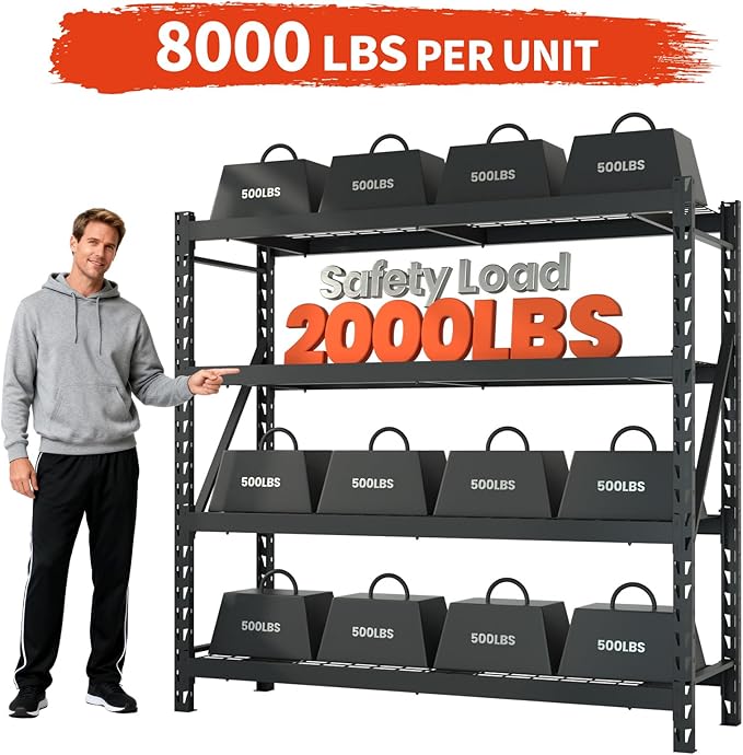DYNALOAD 8000 Lbs Heavy Duty Garage Shelving, 4-Tier Adjustable Metal Storage Shelves, Industrial Steel Rack for Garage Basement Warehouse, 77" W x 24" D x 72" H