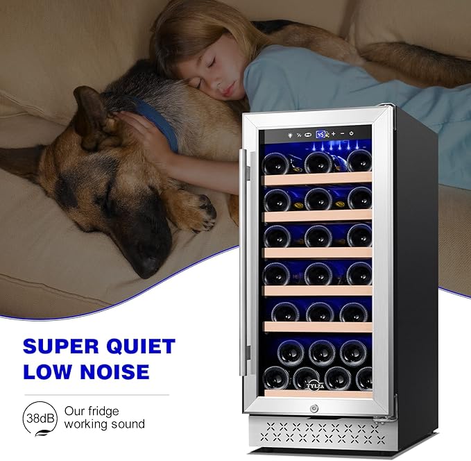 Tylza 15 Inch Wine Cooler Under Counter, 30 Bottles Built-in Wine Fridge with Stainless Steel Tempered Glass Door, Temp Memory Function, Freestanding Fast Cooling Wine refrigerator, Quiet Operation