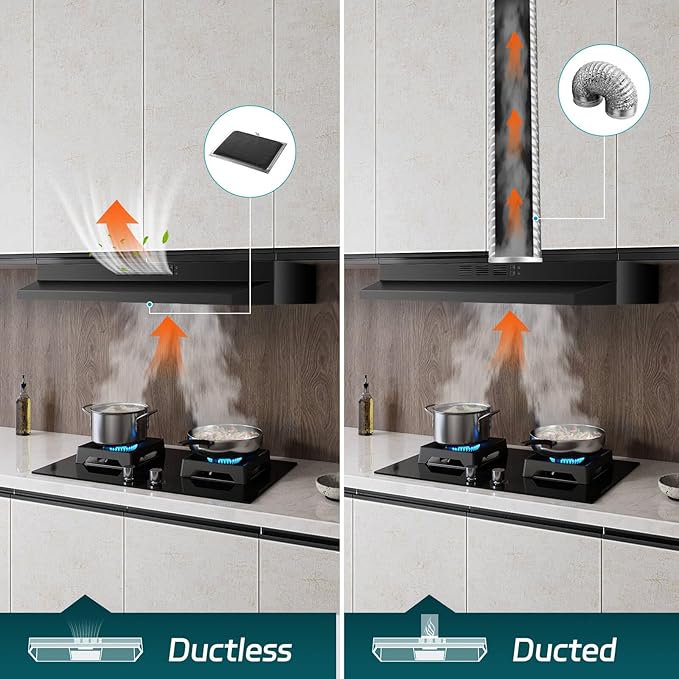 SNDOAS Black Range Hood 36 inch,Ductless Under Cabinet Range Hood Included Carbon Sponge Filter,Ducted Optional,Kitchen Hood 36 inch with 2 Vents,2 Speeds,Hard Wired Stove Vent