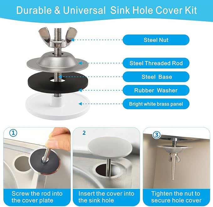 2 Inch Faucet Hole Cover, Solid Brass Kitchen Sink Hole Cover, Bright White Finish Sink Caps for Top Holes, Kitchen and Bathroom Sink Sprayer Hole Cover (White)