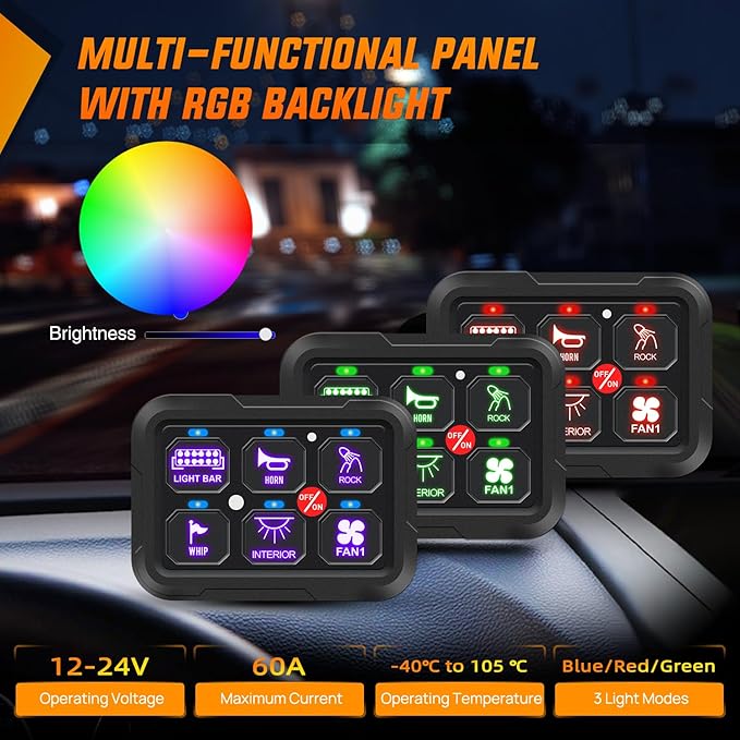 Nilight 6 Gang Switch Panel 12V 24V Universal Circuit Control Relay System with RGB Backlight APP Control Fuse Wiring Harness Automatic Dimmable ON Off LED Switch Pod for Car Pickup Truck Camper SUV