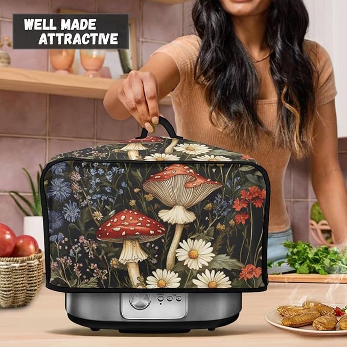 Fashion Mushroom Slow Cooker Cover Pink Flower Slow Cooker Cover Holder Fits for Most 6-8 Quart Oval Slow Cooker Accessories with Handle and Pocket