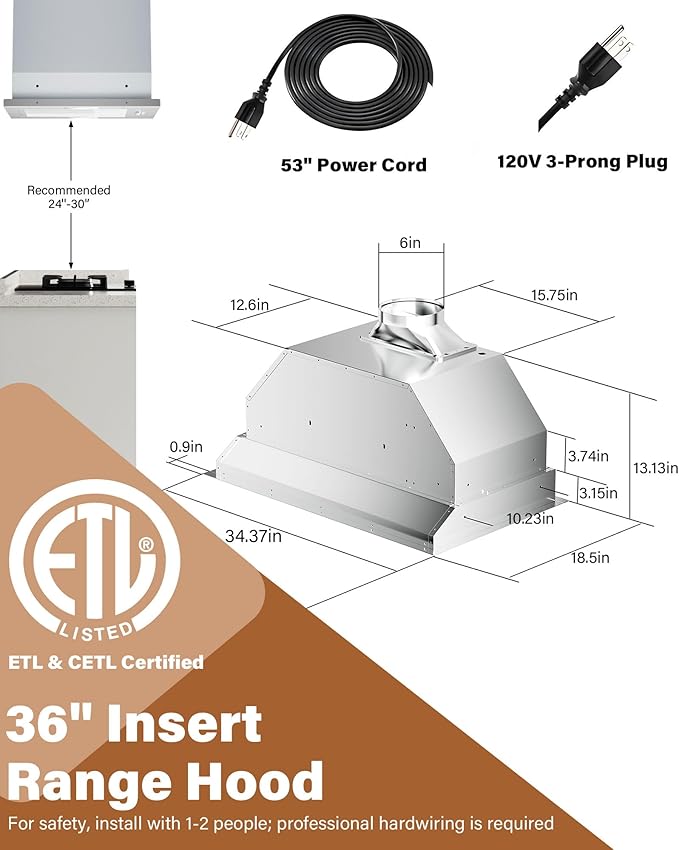 36 inch Stainless Steel Insert Range Hood - 900 CFM, Ultra-Quiet 4-Speed Vent, Touch/Remote Control, LED Lights, Ducted/Ductless Convertible