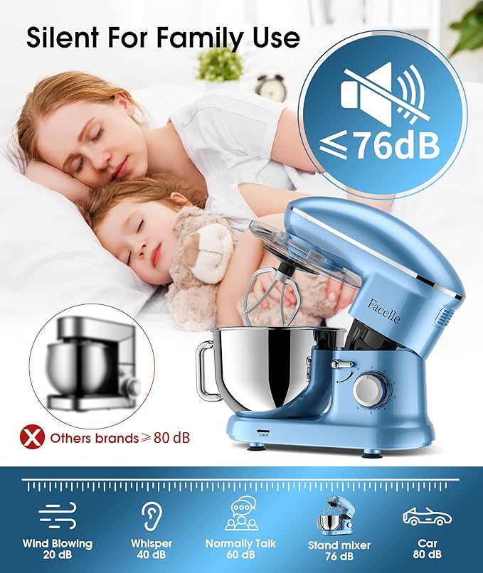 Facelle Stand Mixer, Electric Kitchen Mixer, 660W 6 Speed Tilt-Head stand mixer with Pulse, Attachments include 6.5QT Bowl, Dishwasher Safe Beater,Dough Hook,Whisk for Dough,Baking,Cakes,Cookie-Blue