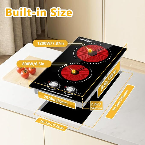 12 Inch Electric Cooktop, 2 Burner Electric Stove Top with 9 Power Levels, Knob Control, Auto shutdown and Residual Heat Warning, 2000W, Ideal for Countertop & Built-In Use (110-120V)