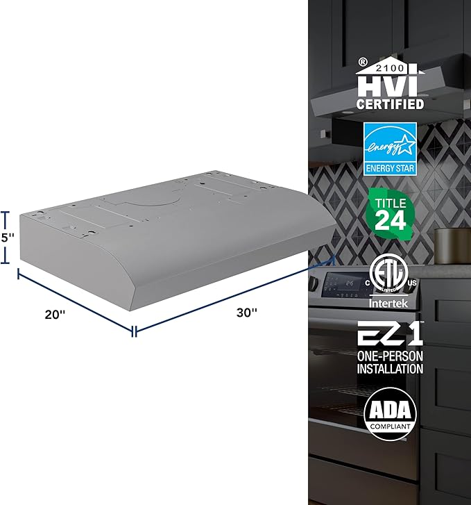 Broan-NuTone 30-Inch Stainless Steel Under Cabinet Range Hood- Modern Design with Quiet Power at 350 CFM, 1.5 Sones for Powerful Kitchen Ventilation