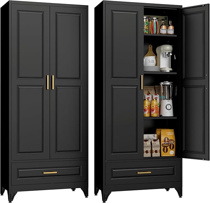 75" Tall Metal Storage Cabinet, Kitchen Pantry Storage Cabinets with Doors and 3 Shelves, Black Pantry Cabinet with Drawer, Utility Kitchen Cupboard, Large Steel Cabinets for Dining Room