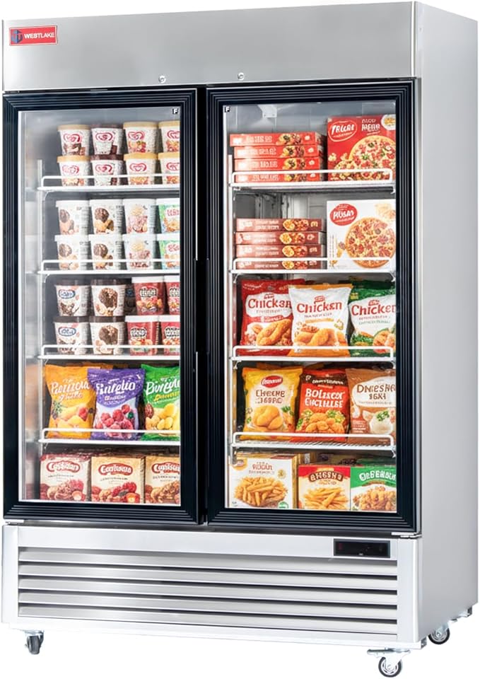 WESTLAKE 54" W Commercial Display Freezer 2 Glass door 49 Cu.ft Stainless Steel Merchandiser Reach-in Upriht Fan Cooling Digital Temperature Control Display Freezer for Restaurant, Bar, Shop, etc