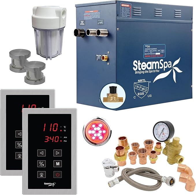 SteamSpa 12kW Steam Sauna Generator Executive Bundle 240V Steam Generator with Touch Pad, Steamheads, Pressure Relief Valve, Built-in Auto Drain, LED Light, Filter and Quick Install Kit EXT1200BN-A