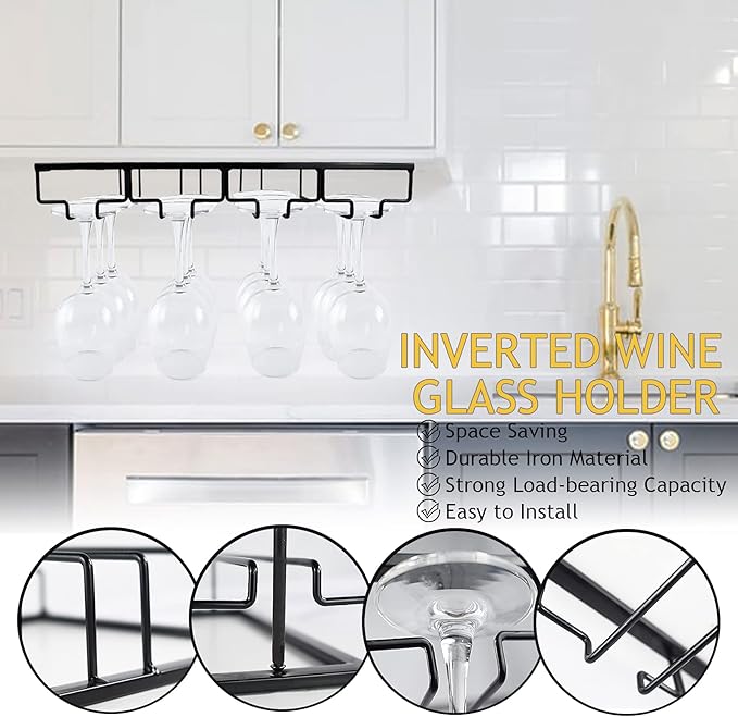 Wine Glass Rack, 2 Pack Under Cabinet Stemware Rack Wine Glass Holder, 4 Rows Black Metal Wine Glass Storage Hanger Under Shelf for Cabinet Kitchen Bar