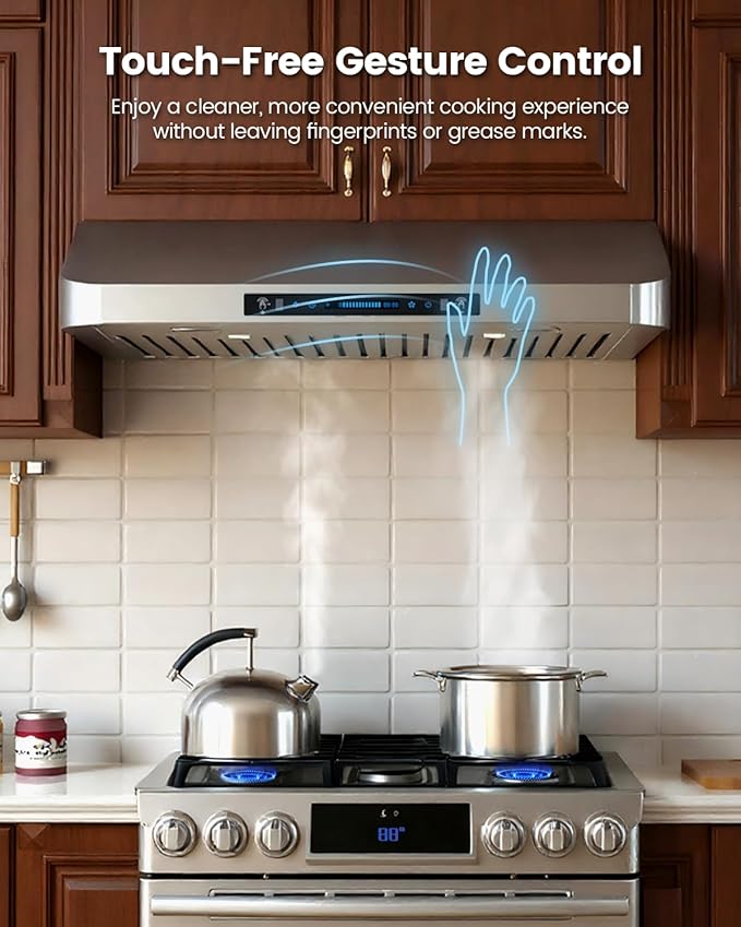 JOCO 42 Inch Under Cabinet Range Hood, 900 CFM Stainless Steel Kitchen Vent Hood, 4-Speed Gesture/Touch/Remote Control C01-42G