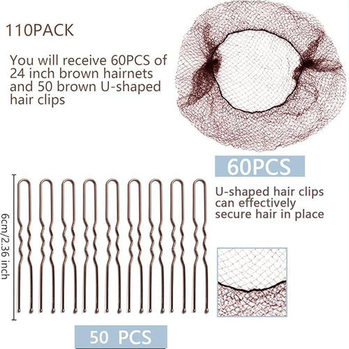 110Pcs Hair Net Brown Set- 24 inchess Invisible Nylon Wig Net 60Pcs - Perfect for Hair Buns, Kitchen Food Service,60pcs hair net and 50pcs U Shaped Hair Pins 2.4inch Women/Men