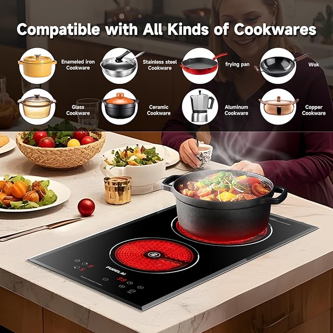2 Burners Electric Cooktop, Portable Ceramic Cooktop with 9 Power Levels & Timer, 1800W 120V, Child Safety Lock, Built-in/Countertop Use, RV Camping, Safety Auto Shutoff, UL Certified Plug