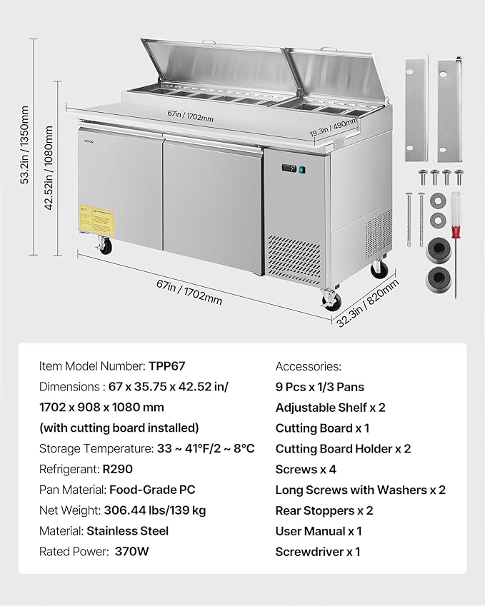 VEVOR 67"W Commercial Refrigerator, Pizza Prep Refrigerated Table, 19.3" Ultra Wide Countertop Food Prep Fridge, 20.3 Cu.Ft Single Door Salad Prep Fridge, 9 Pans Pizza Make Worktop with Cutting Board