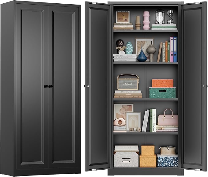 Greenvelly Metal Cabinet, 63" H Black Metal Storage Cabinet with Doors and 4 Shelves, Pantry Storage Cabinet for Kitchen, Bedroom, Living Room, Office (Modern)