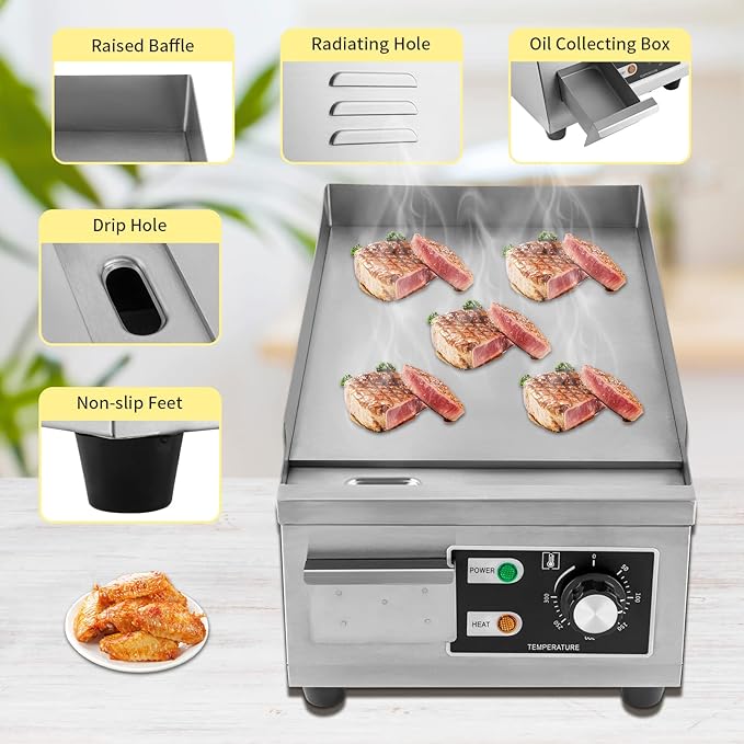 Commercial Electric Griddle 110V 1300W Electric Flat Top Griddle Non-Stick Teppanyaki Grill, 21'' x 12'' Cooking Plate, Stainless Steel Restaurant Electric Countertop Griddle Tabletop Grill