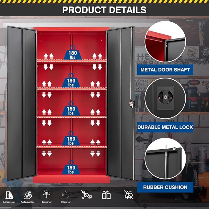 Metal Storage Cabinet-72” Tall Steel File Cabinets with Lockable Doors and Adjustable Shelves-Black&Red Steel Storage Cabinet for Kitchen, Office, Garage
