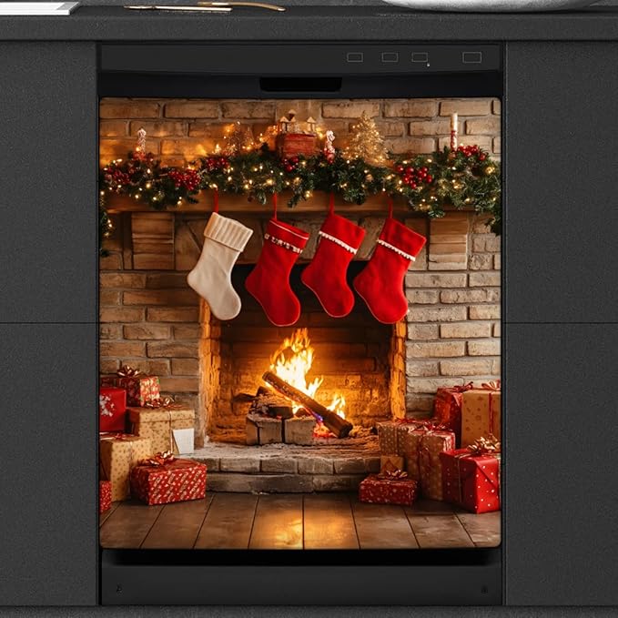 Christmas Fireplace Dishwasher Magnet Cover for The Front Dishwasher Door Cover Panel Decals Magnetic Refrigerator Cover for Kitchen Farmhouse Home Decor（23 X 26 in）