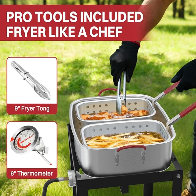 18QT Aluminum Deep Fryer Pot with 2 Baskets | Lid | 9" Fryer Tong | 6" Thermometer | Outdoor Fish Fryer Pot | Ideal for Frying Fish | French Fries | Chicken Wings
