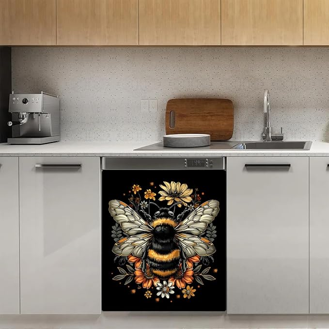 cfpolar Dishwasher Magnet Cover for The Front Dishwasher Door Cover Panel Decals Vintage Bee Flower Magnetic Refrigerator Cover for Kitchen Farmhouse Home Decor（23 X 26 in）