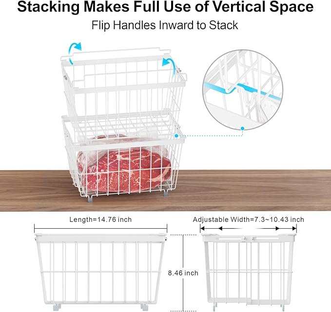 iSPECLE Freezer Organizer Bins - 3 Pack Adjustable Width for 5 to 7 Cu.Ft Chest Freezers, Stackable Freezer Wire Storage Baskets for Deep Freezer Organization, Assembly Required, White