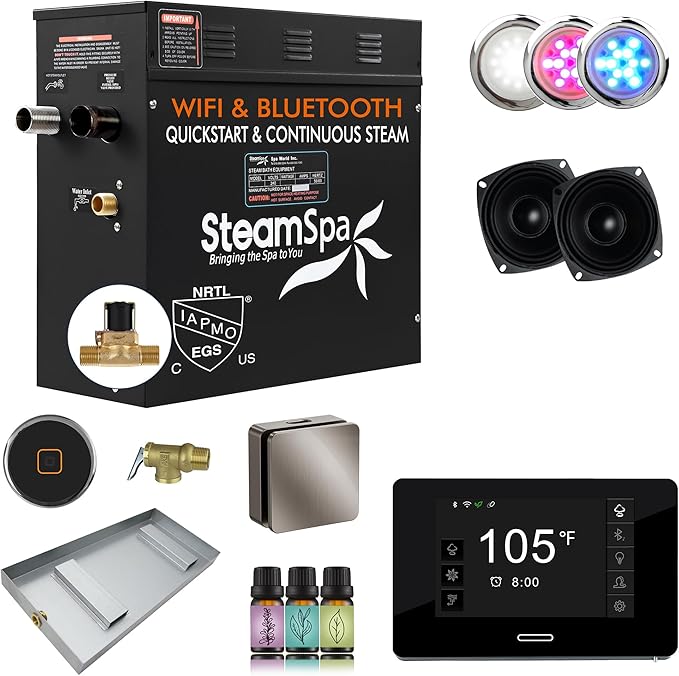 SteamSpa Steam System 6kW Steam Shower Generator with Bluetooth Wifi, Quickstart Continous Steam, Advanced Touch Pad Screen, Chroma Lights, Drain Pan and Auto Drain Brushed Nickel RVBS600BN-A