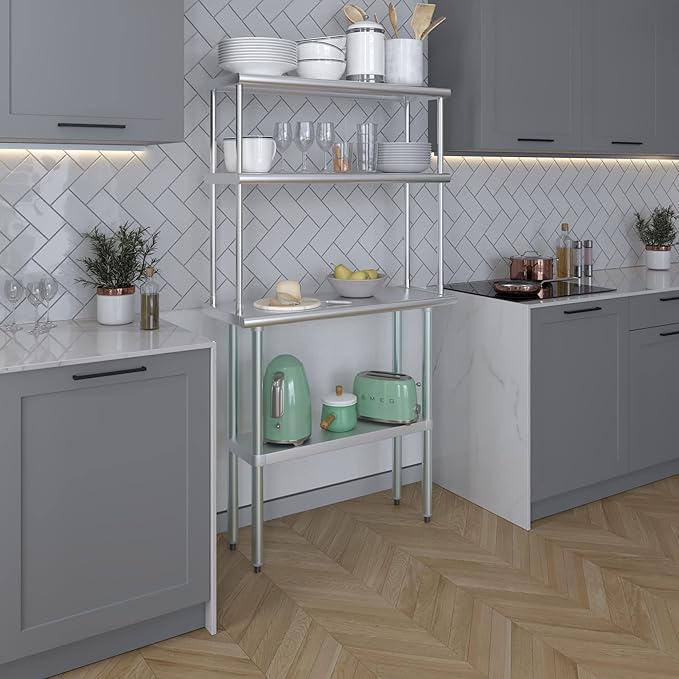 Amgood Stainless Steel Work Table Double Tier Overshelf | NSF (14" x 36" Work Table + 12" Overshelf)