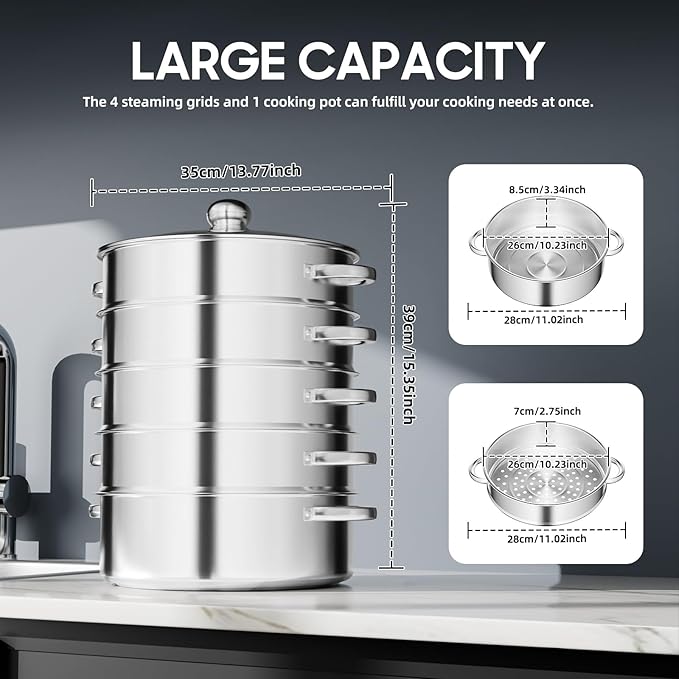 5 Tier Stainless Steel Steamer Pots Stackable Pan Steamer Cooking Pots Steam Canner with Lid Cookware Steaming Pots for Kitcken (28CM)