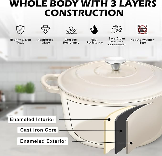 TeamFar 6Qt Dutch Oven, Enameled Cast Iron Dutch Oven Pot with Lid & Dual Handles for Bread Baking, Cooking, Simmer, Non Toxic & Heavy Duty, Oven Safe & Various Stovetops Suitable - Cream White
