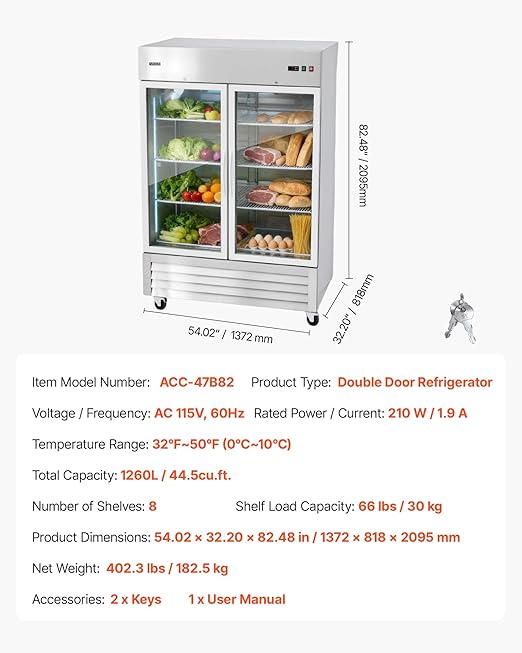 VEVOR Commercial Reach-In Refrigerator 54" W, 44 Cu.Ft Stainless Steel Upright Refrigerator with Double Glass Doors, Auto-Defrost, 8 Adjustable Shelves, 32 to 50℉ Temp Control, ETL Certified