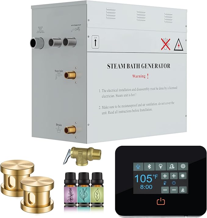 Builders Series 12kW Steam Bath Generator with Quickstart Continuous Steam, Black Digital Touch Pad, Built-in Auto-Drain, and Aroma Steamhead in Gold Finish